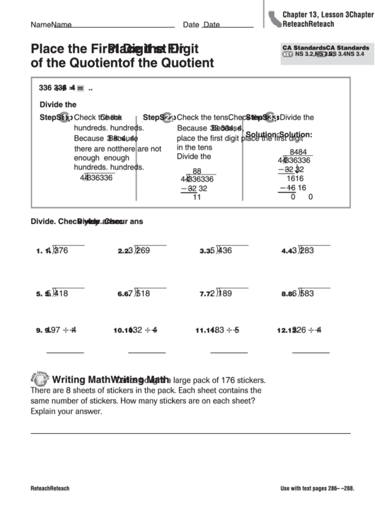 Place The First Digit Of The Quotient Worksheet Printable pdf