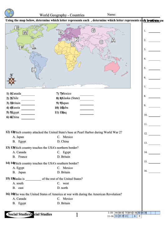 World Geography Countries Worksheet With Answer Key printable pdf