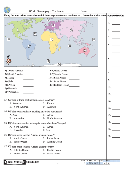 World Geography - Continents Worksheet With Answer Key Printable pdf