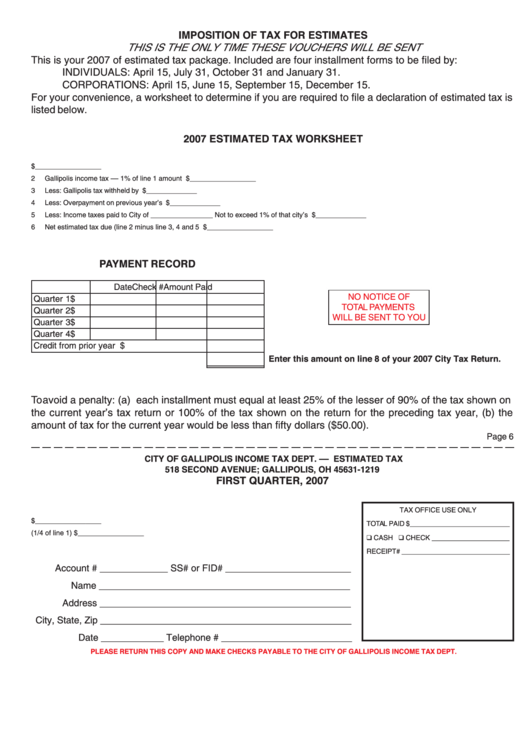 2007 Estimated Tax Worksheet - City Of Gallipolis Printable pdf