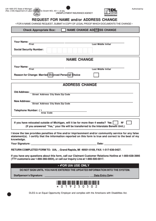Form Uia 1925 Efc - Request For Name And/or Address Change Form Printable pdf