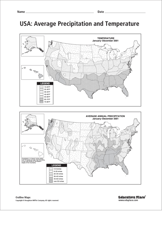 Usa: Average Precipitation And Temperature World Map Template Printable pdf