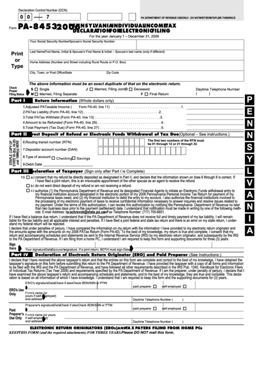 Form Pa 8453 Pennsylvania Individual Income Tax Declaration For Electronic Filing 2006
