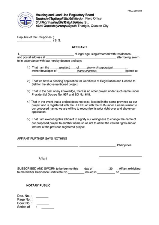 Affidavit Form - Republic Of The Philippines Printable pdf