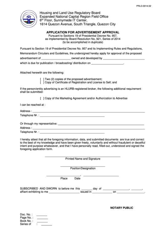 Application For Advertisement Approval Form - Housing And Land Use Regulatory Board Expanded National Capital Region Field Office Printable pdf