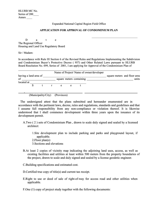 Application For Approval Of Condominium Plan Form - Expanded National Capital Region Field Office Printable pdf