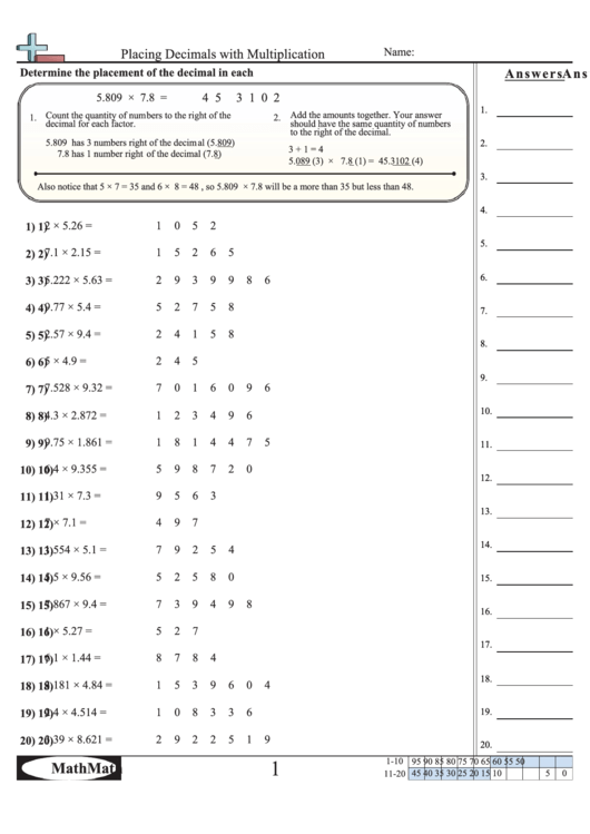 Placing Decimals With Multiplication Worksheet With Answer Key Printable pdf
