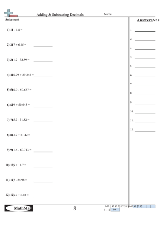 Adding & Subtracting Decimals Worksheet printable pdf download