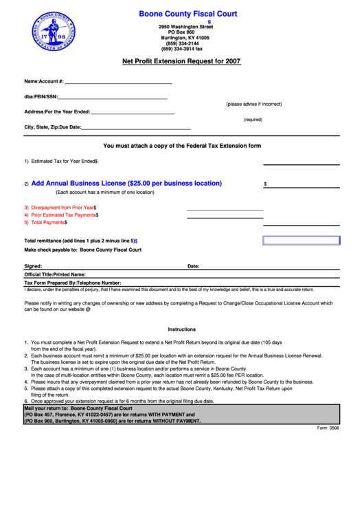 Form 0506 - Net Profit Extension Request - Boone County Fiscal Court - 2007 Printable pdf