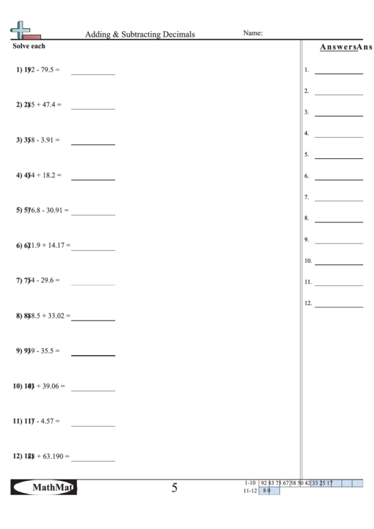 Adding Decimals Worksheet Pdf