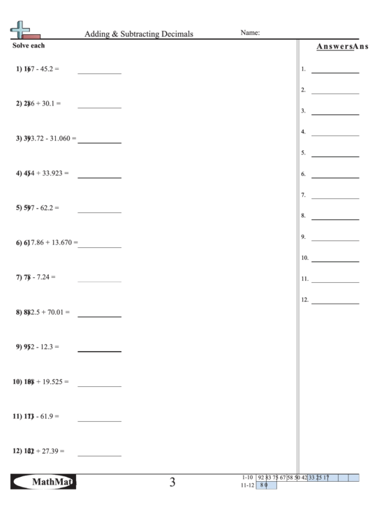 Adding & Subtracting Decimals Worksheet printable pdf download