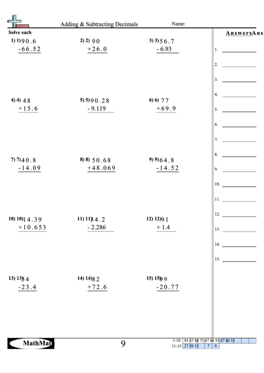 Adding & Subtracting Decimals Worksheet printable pdf download