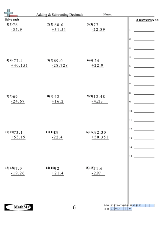 Adding & Subtracting Decimals Worksheet printable pdf download