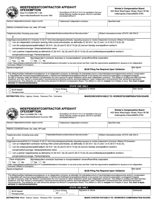 Fillable Form 45899 - Independent Contractor Affidavit Of Exemption - State Of Indiana Printable pdf