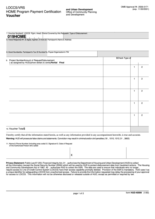 Form Hud-40099 - Voucher Printable pdf