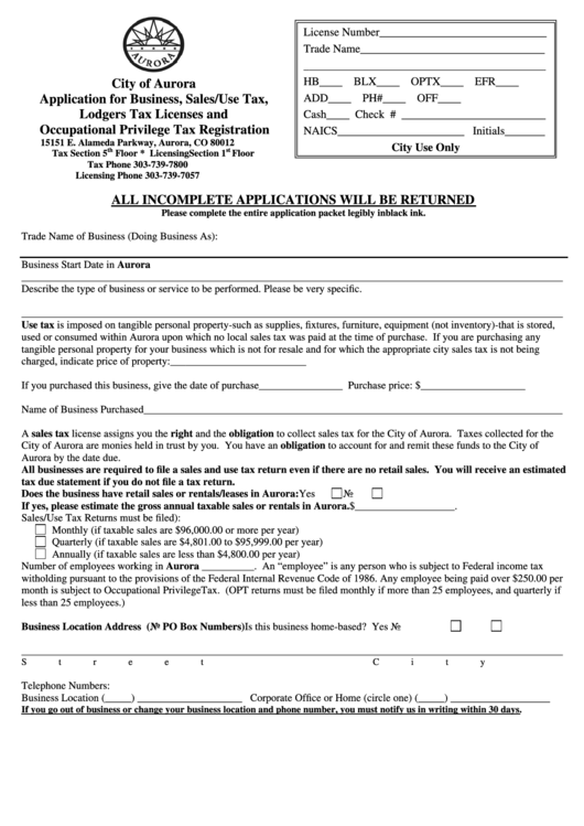 Application For Business, Sales/use Tax, Lodgers Tax Licenses And Occupational Privilege Tax Registration Form Printable pdf