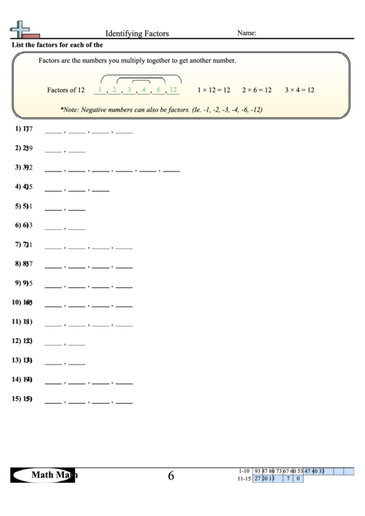 Identifying Factors Worksheet With Answer Key Printable pdf