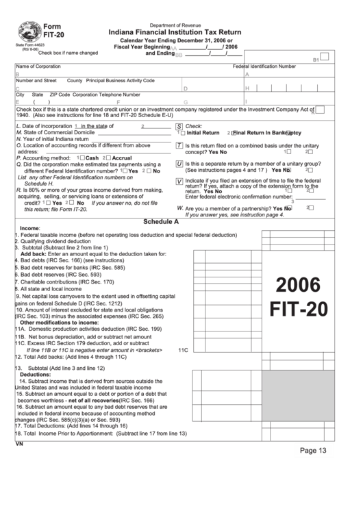 Form Fit-20 - Indiana Financial Institution Tax Return - State Of Indiana Printable pdf