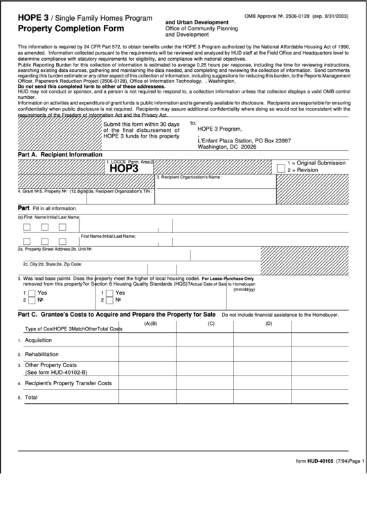 Form Hud-40105 - Property Completion Form - U.s. Department Of Housing And Urban Development Printable pdf