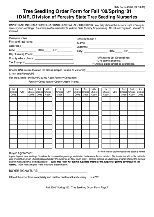 State Form 46766 - Tree Seedling Order Form For Fall '00/spring '01
