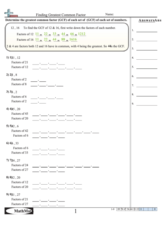 Finding Greatest Common Factor Worksheet Printable Pdf Download