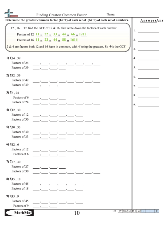 Finding Greatest Common Factor Worksheet Printable pdf