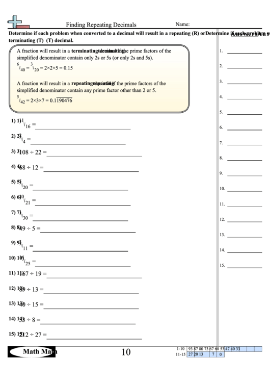 Finding Repeating Decimals Worksheet With Answer Key Printable pdf