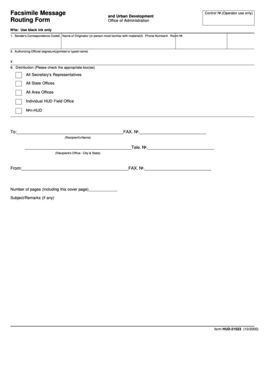 Fillable Form Hud-21023 - Facsimile Message Routing Form - U.s. Department Of Housing And Urban Development Printable pdf
