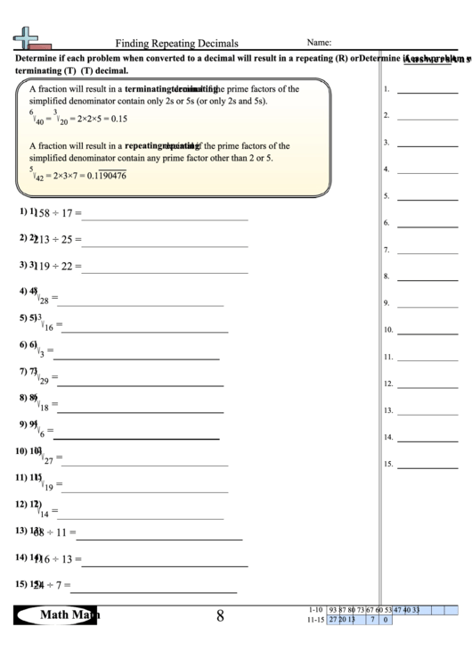 Finding Repeating Decimals Worksheet With Answer Key Printable pdf