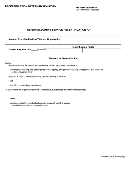 Fillable Form Hud-25024 - Recertification Determination Form - U.s. Department Of Housing And Urban Development Printable pdf