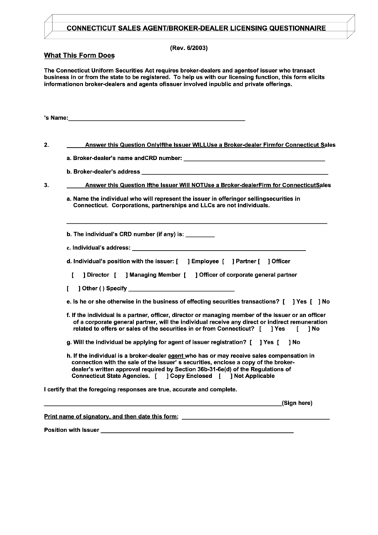 Fillable Connecticut Sales Agent/broker-Dealer Licensing Questionnaire Form Printable pdf