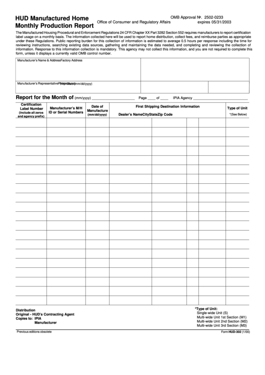 Form Hud-302 - Hud Manufactured Home Monthly Production Report Printable pdf