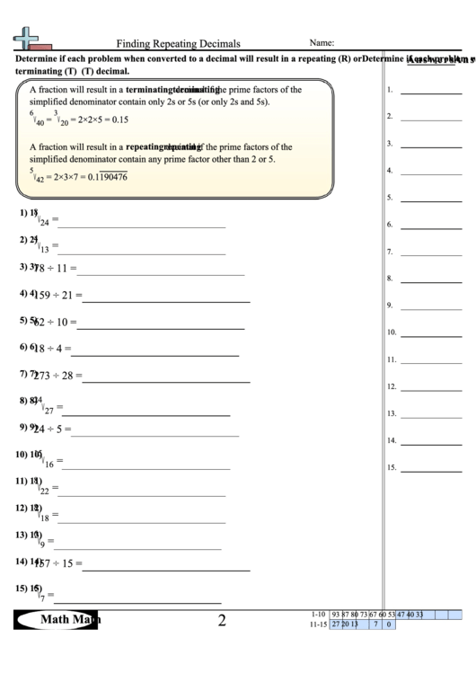 Finding Repeating Decimals Worksheet With Answer Key Printable pdf