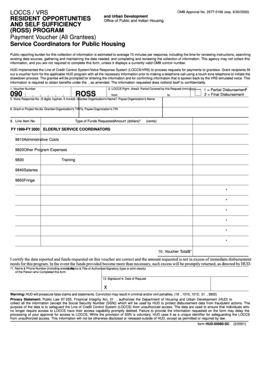 Fillable Form Hud-50080-Sc - Resident Opportunities And Self Sufficiency (Ross) Program Payment Voucher Printable pdf