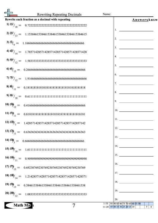 Rewriting Repeating Decimals Worksheet With Answer Key Printable pdf