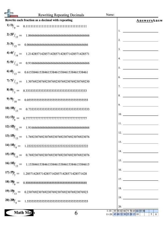 Rewriting Repeating Decimals Worksheet With Answer Key Printable pdf