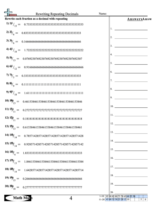 Rewriting Repeating Decimals Worksheet With Answer Key Printable pdf