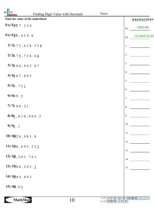 Finding Digit Value With Decimals Worksheet printable pdf download