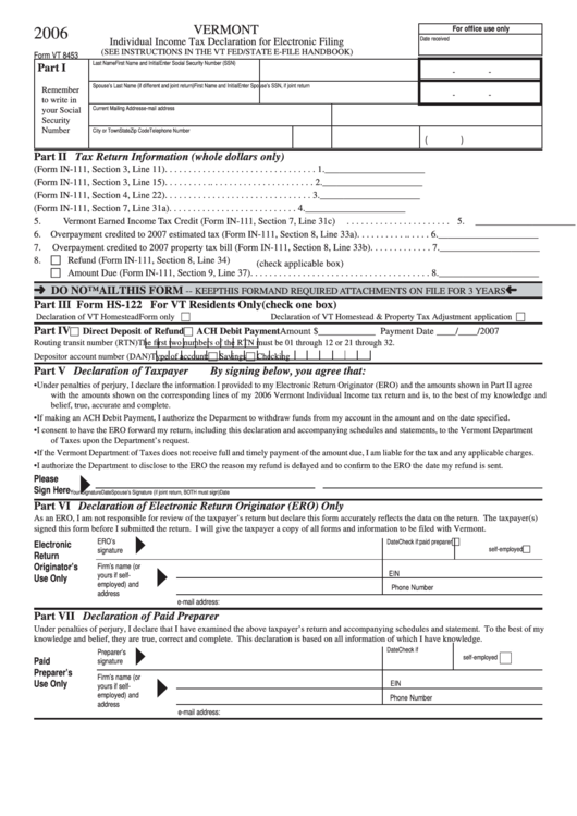 Form Vt 8453 - Individual Income Tax Declaration For Electronic Filing - 2006 Printable pdf