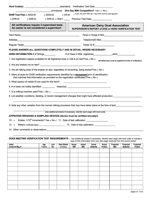 Supervisors Report Of Doe Or Herd Verification Test Form November 2013 Printable pdf