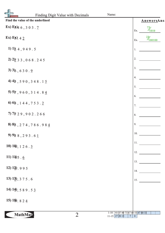 Finding Digit Value With Decimals Worksheet Printable pdf