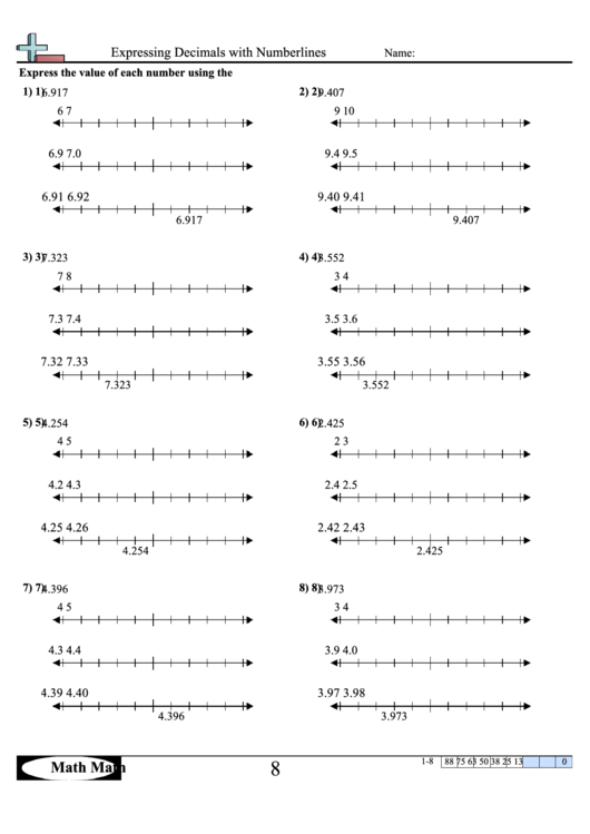 Fillable Expressing Decimals With Numberlines Worksheet With Answer Key Printable pdf