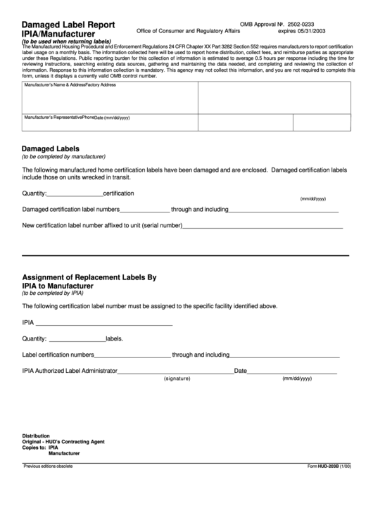 Form Hud-203b - Damaged Label Report Ipia/manufacturer - U.s. Department Of Housing And Urban Development Printable pdf