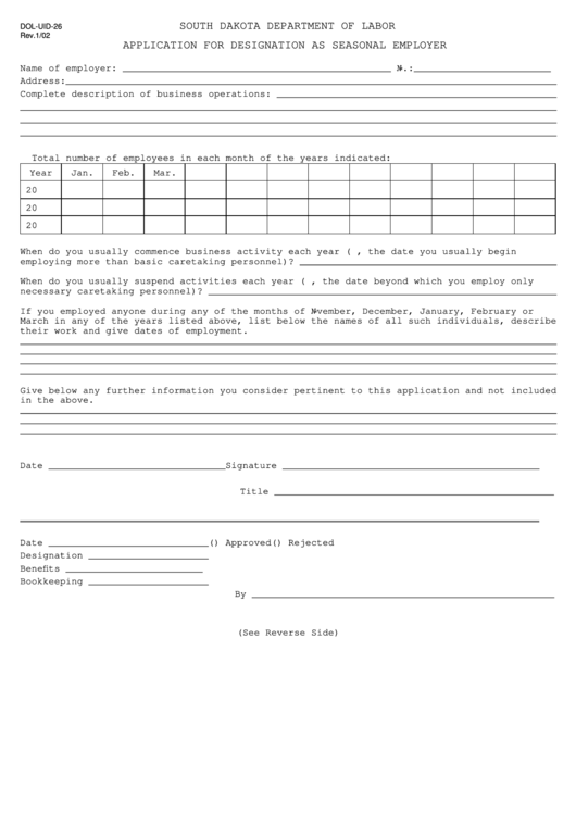 Form Dol-Uid-26 - Application For Designation As Seasonal Employer Printable pdf