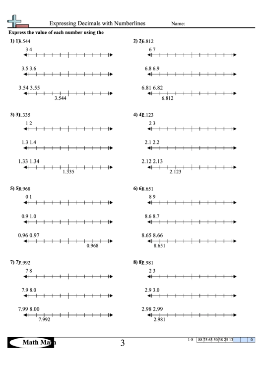 Expressing Decimals With Numberlines Worksheet With Answer Key Printable pdf