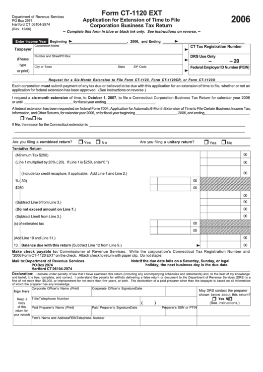Form Ct-1120 Ext - Application Form For Extension Of Time To File Corporation Business Tax Return - 2006 Printable pdf