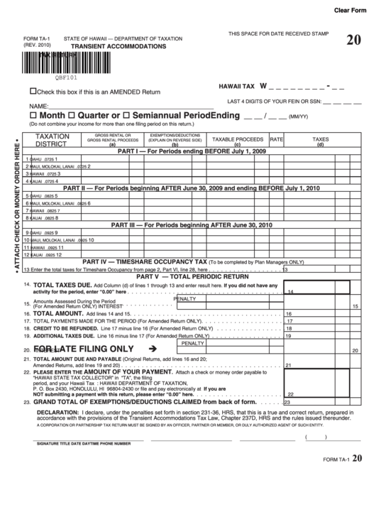 Form Ta-1 - Transient Accommodations Tax Return (2010)