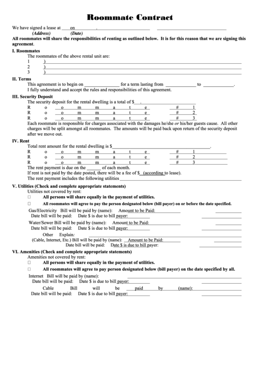Fillable Roommate Contract Form Printable pdf