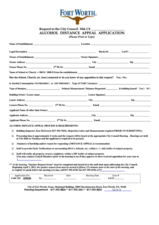 Alcohol Distance Appeal Application Form December 2012 Printable pdf