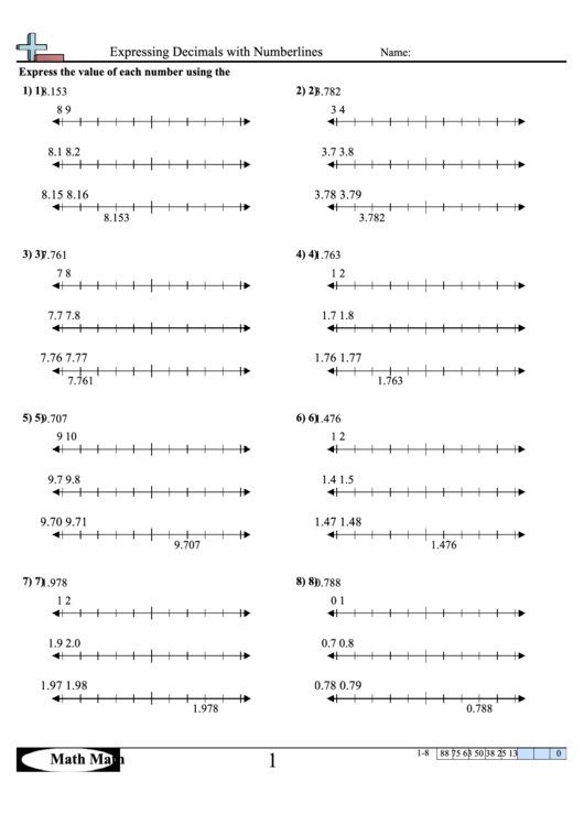 Expressing Decimals With Numberlines Worksheet With Answer Key Printable pdf